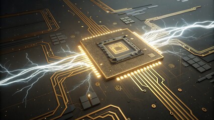 Close up of a computer chip with electrical sparks around it