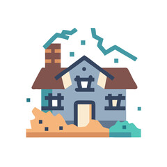 Stylized Icon of a House with Damaged Roof and Yard on Black Background