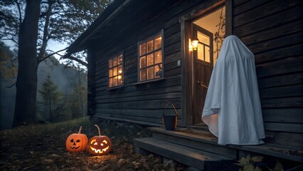 Spooky halloween night scene with a ghostly figure on a porch and glowing jack o lanterns on the ground