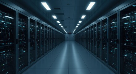 Data center server room showcasing networked computer systems and cybersecurity infrastructure