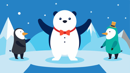 Fototapeta premium the penguin wears a bow tie while the polar bear dons a shiny vest. They perform on a stage made of ice surrounded by cheerful animal spectators clapping their paws.