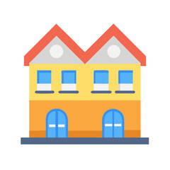 Two-story Duplex Flat Design Icon with Red Roof on Black Background