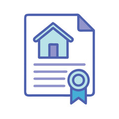 Modern house contract vector icon with signature seal on document, isolated on black.