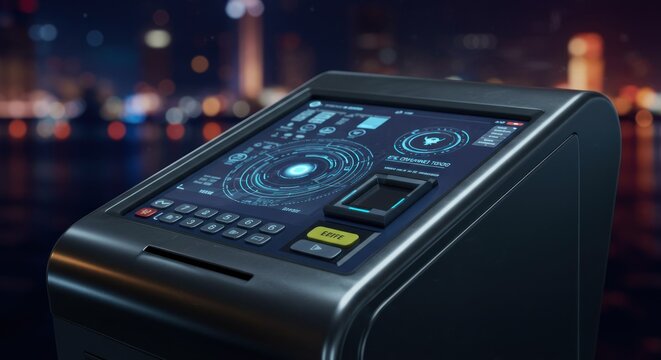 Futuristic automated kiosk with advanced interface and digital payment system displayed