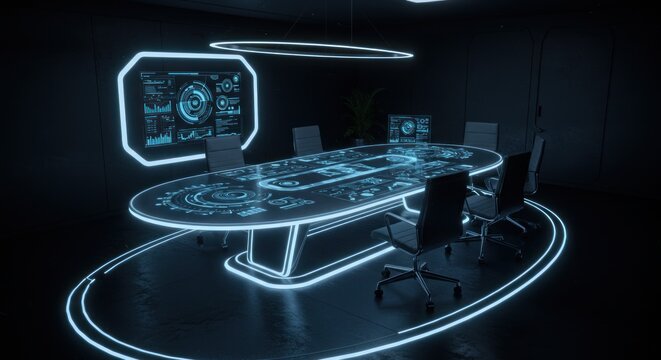 Futuristic boardroom with glowing interface displays and digital collaboration table showcasing