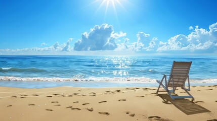 Peaceful beach view with lounge chair facing the ocean under bright blue skies, evoking a dreamy and relaxing summer vacation vibe in a tranquil tropical setting