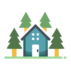 Stylized Isolated House in a Forest, Surrounded by Pine Trees, Flat Illustration