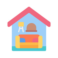 Stylized house interior with a sofa, lamp, and furniture arranged in a simple flat illustration
