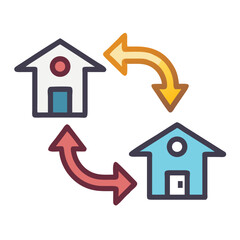 Colorful Houses with Circular Arrows Indicating Exchange or Real Estate Cycle