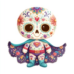 Delightful Calavera Superhero, a charming Day of the Dead chibi character in a vibrant floral cape, standing proudly.