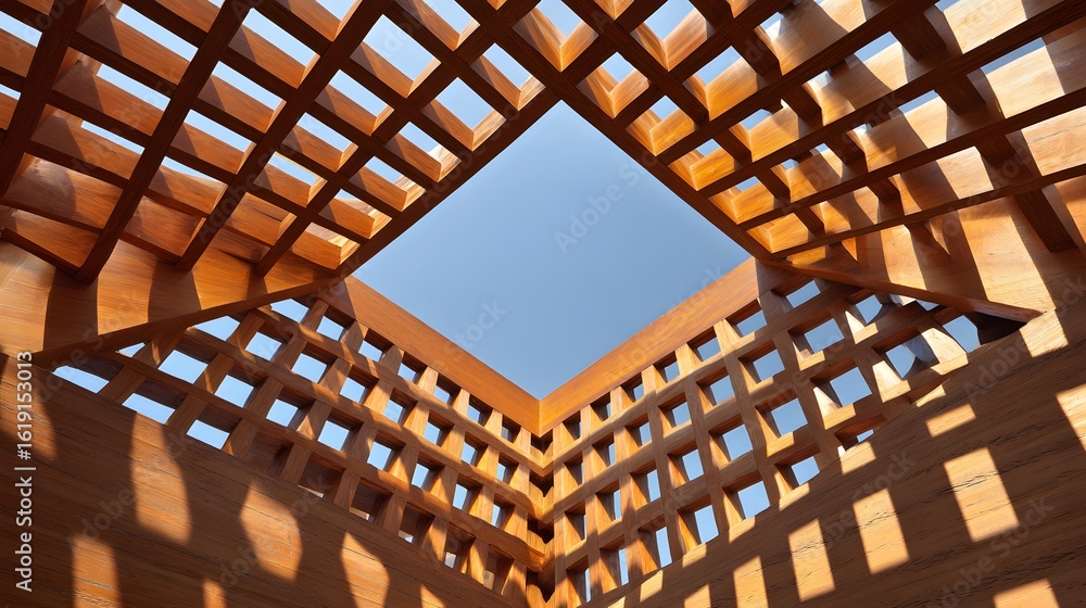 Poster Wooden lattice structure with sunlight patterns.