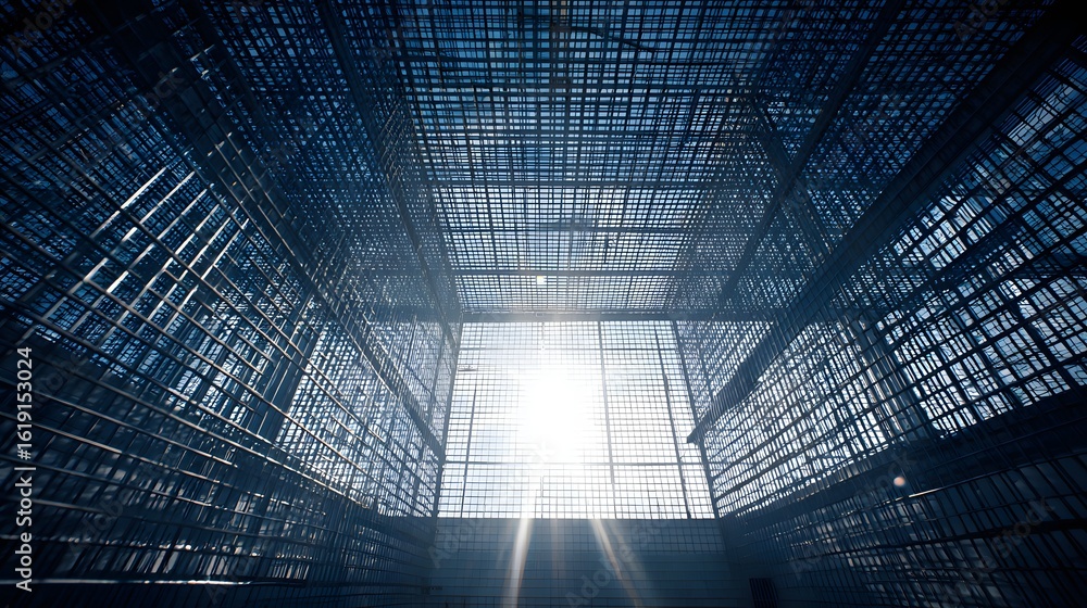 Poster intricate metal grid structure viewed from below.
