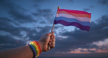 Vibrant Lesbian Pride Flag Held Against a Dramatic Sunset Sky with Sparkling Lights Symbolizin