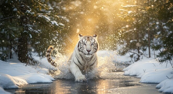 Majestic white tiger emerging from icy waters in a sun-drenched winter forest