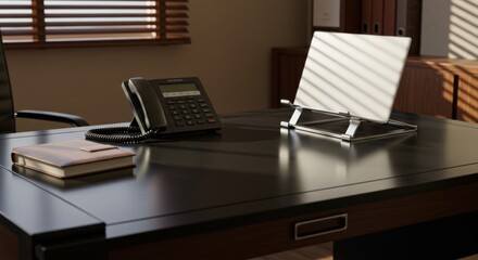 Modern executive workspace displaying productivity tools amid natural light ambience