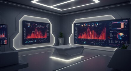 Modern futuristic data analysis room with glowing screens and minimalist design
