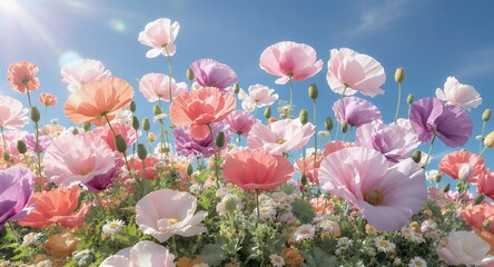 Vibrant Poppies and Delicate Flowers Blooming Under a Bright Sunlit Blue Sky with Radiant Lens