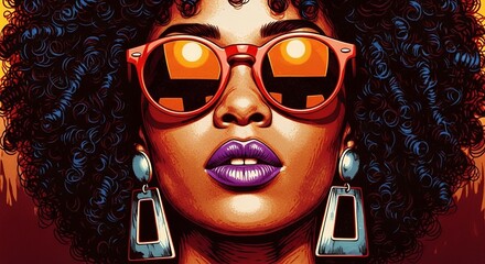 Vibrant Pop Art Illustration Bold Woman with Curly Hair and Red Sunglasses Retro Style Portra