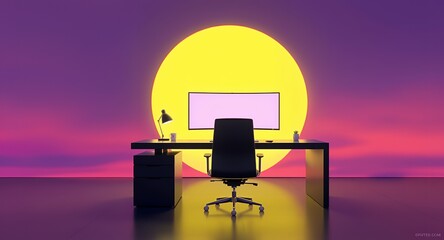 Vibrant Retro Synthwave Workspace with Empty Desk Glowing Sun and Gradient Sky Background