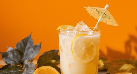 Vibrant Refreshing Lemonade Drink with Ice and Citrus Slices on a Bright Orange Background for