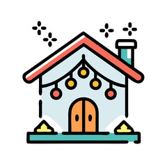 Cartoon House with String Lights on Black Background in a Playful Style