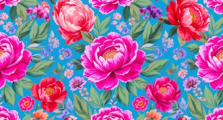 Vibrant Seamless Floral Pattern with Colorful Peonies and Tropical Leaves on a Bright Blue Back