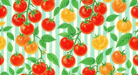 Vibrant Seamless Tomato Pattern with Red and Orange Vegetables Green Leaves and Striped Backg