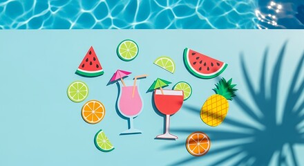 Vibrant Summer Poolside Scene with Tropical Fruit and Refreshing Cocktail Paper CutOuts and Pa