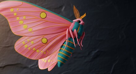 Vibrant Stylized Moth Illustration with Pink Wings and Teal Body on Dark Textured Background