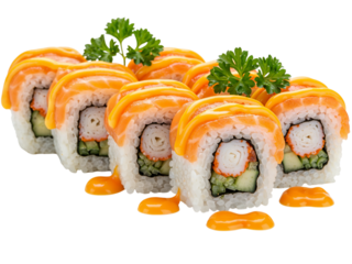 Deliciously prepared salmon and shrimp sushi rolls with a creamy sauce and fresh green garnish isolated on transparent background