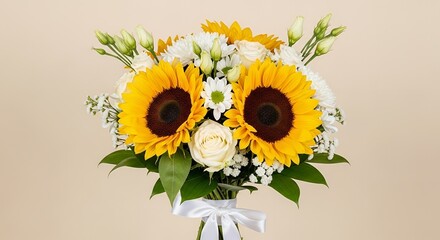 Vibrant Sunflower and White Floral Bouquet with Ribbon Elegant Flower Arrangement for Gifts C