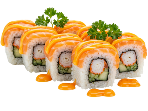 Deliciously prepared salmon and shrimp sushi rolls with a creamy sauce and fresh green garnish isolated on transparent background