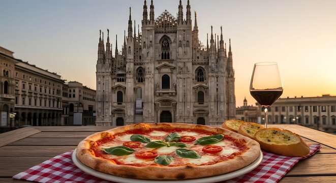 Italian Pizza with Milan Cathedral: A culinary masterpiece featuring a Margherita pizza with fresh basil and tomatoes, complemented by a glass of red wine and bread.