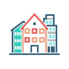 Colorful vector illustration of three buildings in a city landscape on black background