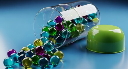 Vibrant Transparent Spheres Spilling from Clear Capsule on Blue Background  Health  Science C