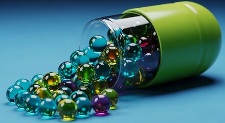 Vibrant Translucent Spheres Spilling from a Green Pill Capsule on Blue  Pharmaceutical Health