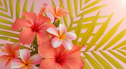 Vibrant Tropical Flowers and Palm Leaves on Pink Background with Water Droplets  Exotic Summer