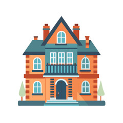 Vector illustration of a colorful two-story house with trees on a black background