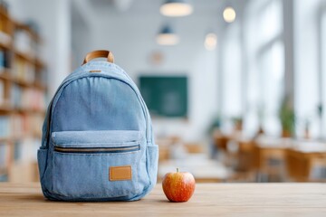 Light blue denim backpack with brown leather details and a red apple sit on a wooden desk in a brightly lit classroom, ready for the school day
