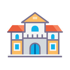 Flat illustration of a building with orange roof and blue door against black background