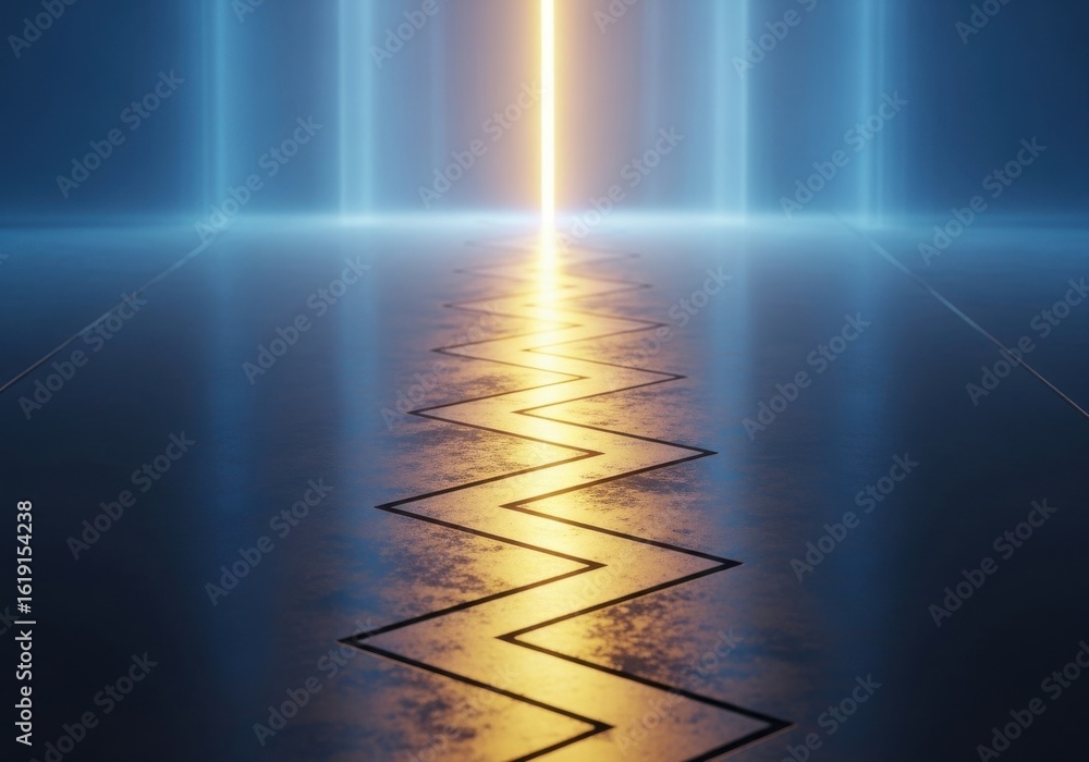 Poster abstract glowing zigzag path illuminating a futuristic blue corridor