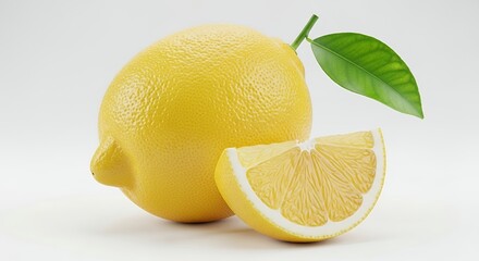 Vibrant Yellow Lemon with Green Leaf and Refreshing Slice Isolated on Clean White Background