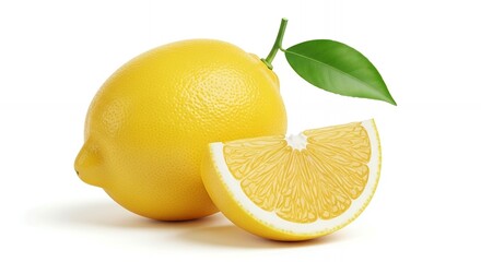 Vibrant Yellow Whole Lemon with Fresh Green Leaf and Juicy Slice Isolated on White Background f
