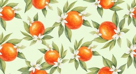 Vibrant Watercolor Orange and Blossom Seamless Pattern with Green Leaves on Light Green Backgro
