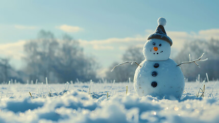 Obraz premium Cheerful Snowman on Snowy Field for Winter Holiday Background 