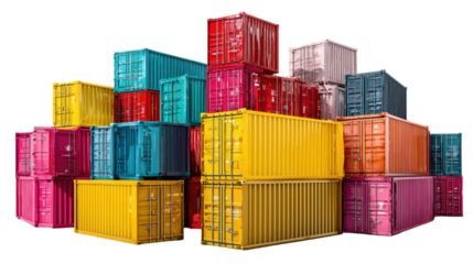 Shipping Containers Pile: A vibrant array of multi-colored shipping containers, arranged to display a lively sense of globalization, transporting goods worldwide.