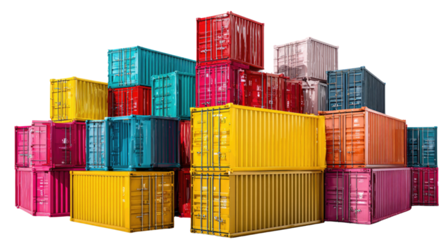 Shipping Containers Pile: A vibrant array of multi-colored shipping containers, arranged to display a lively sense of globalization, transporting goods worldwide. - Powered by Adobe