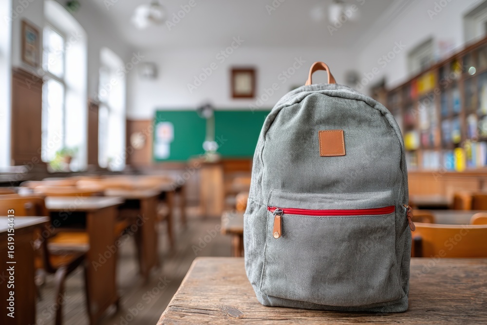 Poster gray canvas backpack with red zipper placed on a desk in an empty classroom, concept of back to scho