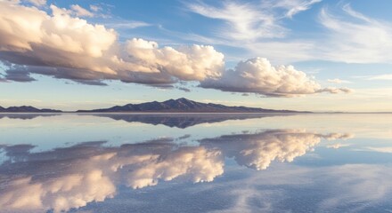 Obraz premium Surreal reflection of cumulus clouds and distant mountains on mirrored lake surface