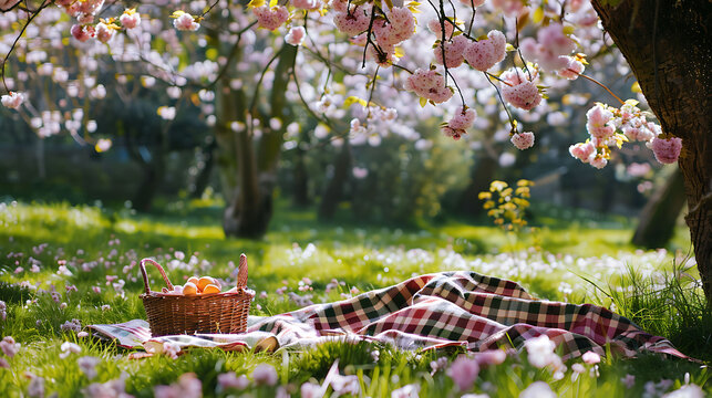 Spring Picnic Blanket and Basket Under Blossoming Tree, Perfect for Nature Ads and Lifestyle Design
